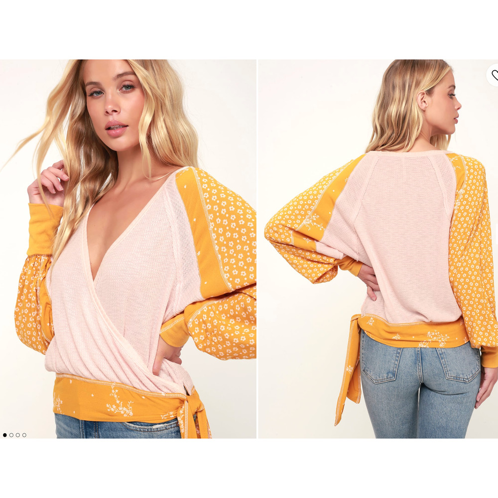 Free People Auxton Pink and Mustard Yellow Thermal Long Sleeve Wrap Top Small